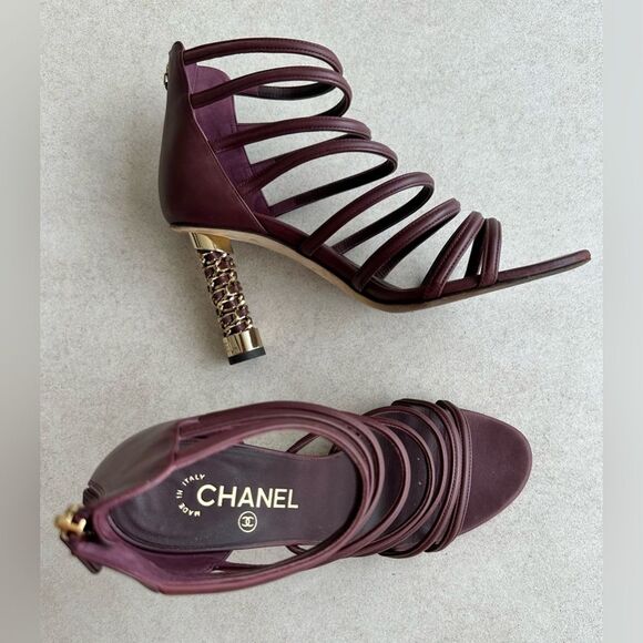 Chanel Coco Tower Cage Burgundy & Gold Sculptural Chain High Heel Sandals 38.5 - Picture 5 of 14